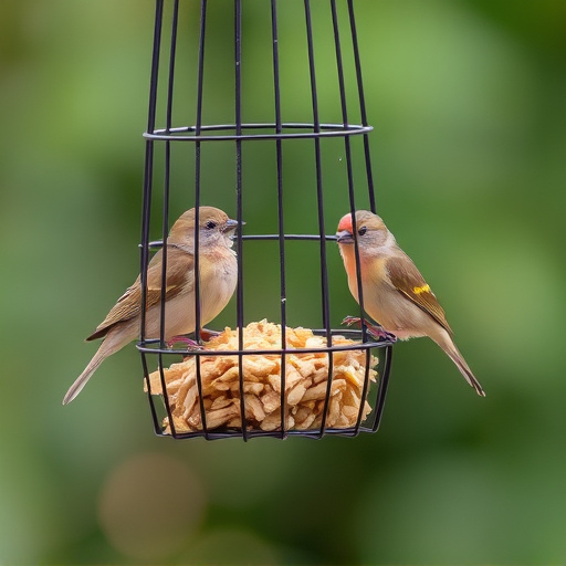 Small birds feeding in wire cage feeder