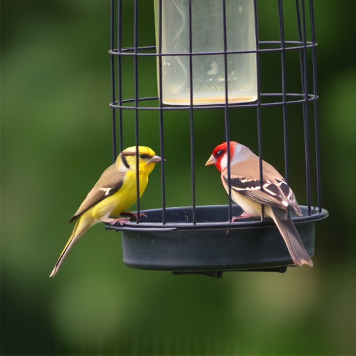 Small birds feeding in wire cage feeder