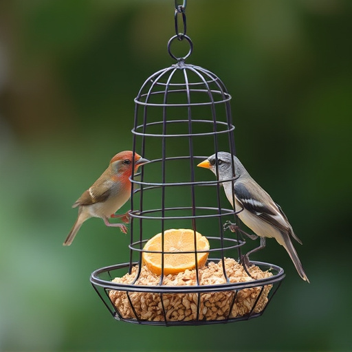 Small birds feeding in wire cage feeder