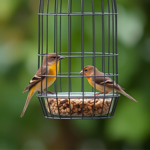 Small birds feeding in wire cage feeder