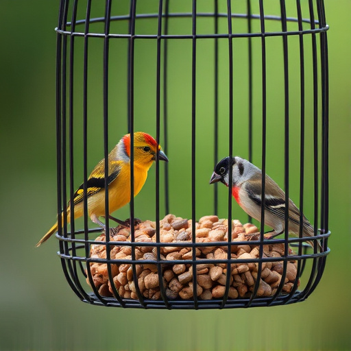 Small birds feeding in wire cage feeder
