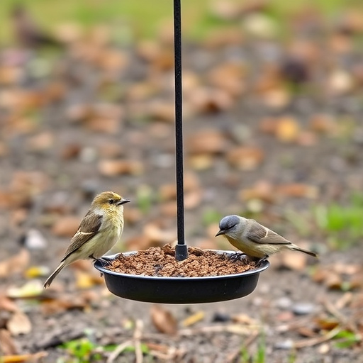 Small birds feeding on ground feeder