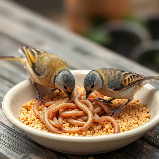 Small birds feeding on mealworms dish