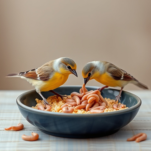 Small birds feeding on mealworms dish