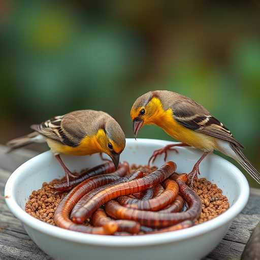 Small birds feeding on mealworms dish