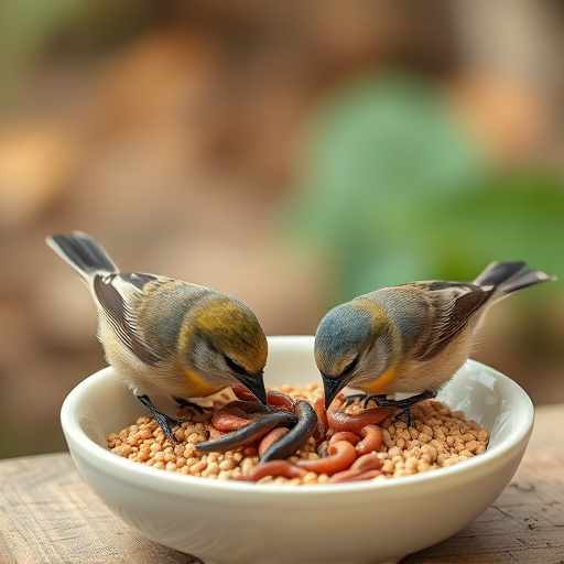Small birds feeding on mealworms dish