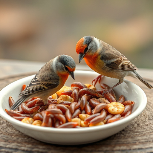 Small birds feeding on mealworms dish