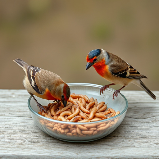 Small birds feeding on mealworms dish