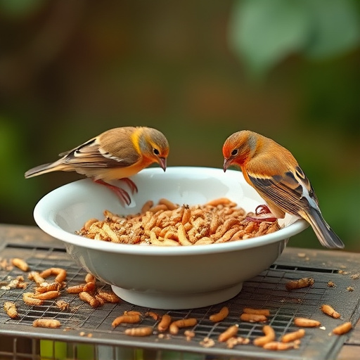 Small birds feeding on mealworms dish