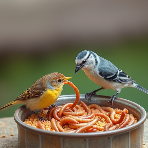 Small birds feeding on mealworms dish