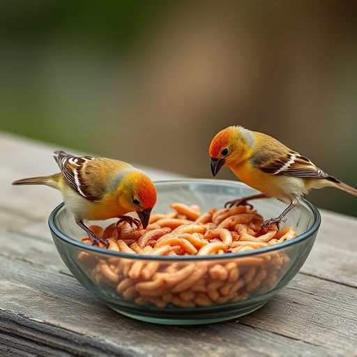 Small birds feeding on mealworms dish
