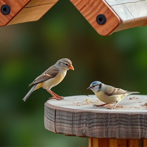 Small birds feeding on wooden station