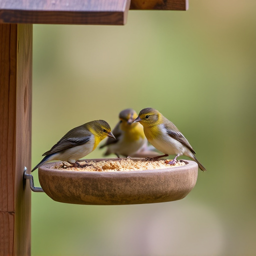 Small birds feeding on wooden station