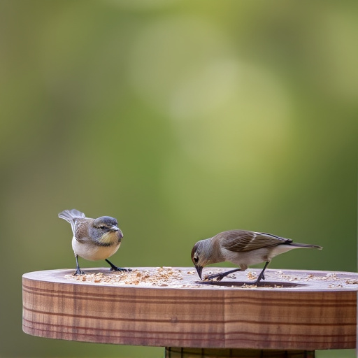 Small birds feeding on wooden station