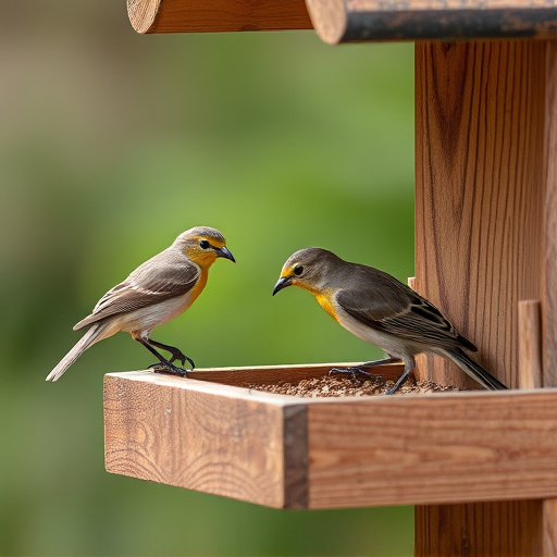 Small birds feeding on wooden station