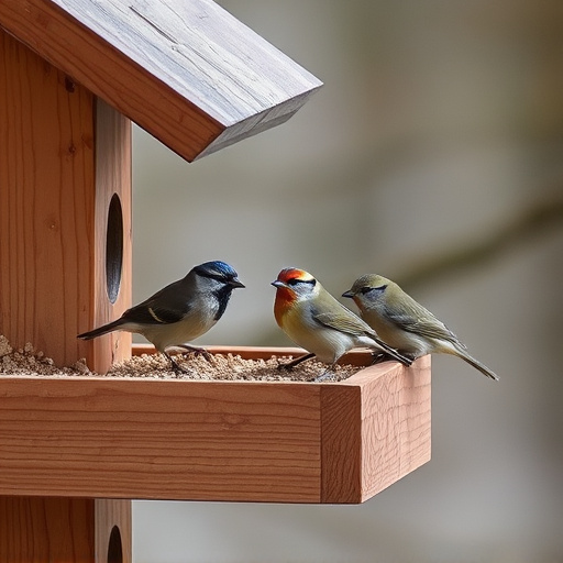 Small birds feeding on wooden station