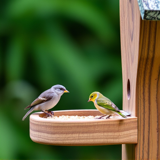 Small birds feeding on wooden station