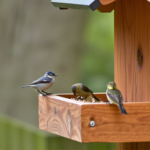 Small birds feeding on wooden station