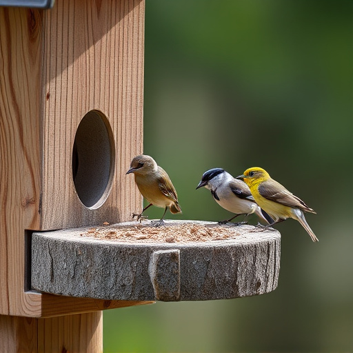 Small birds feeding on wooden station