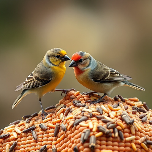 Small birds pecking at seed assortment