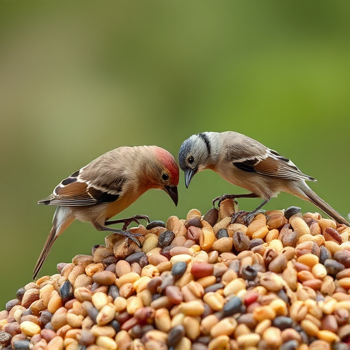 Small birds pecking at seed assortment