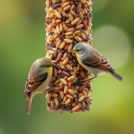 Small birds pecking at seed assortment