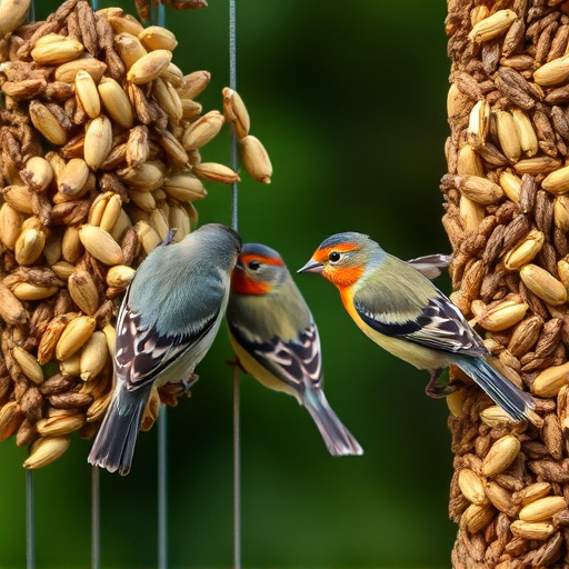Small birds pecking at seed assortment