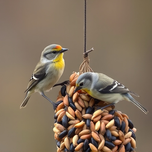 Small birds pecking at seed assortment