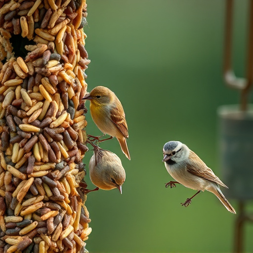 Small birds pecking at seed assortment