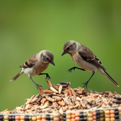 Small birds pecking at seed assortment