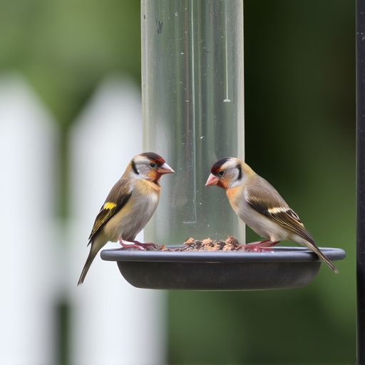 Small finches eating from garden feeder