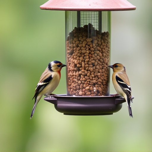 Small finches eating from garden feeder