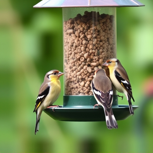 Small finches eating from garden feeder