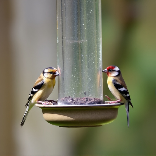 Small finches eating from garden feeder