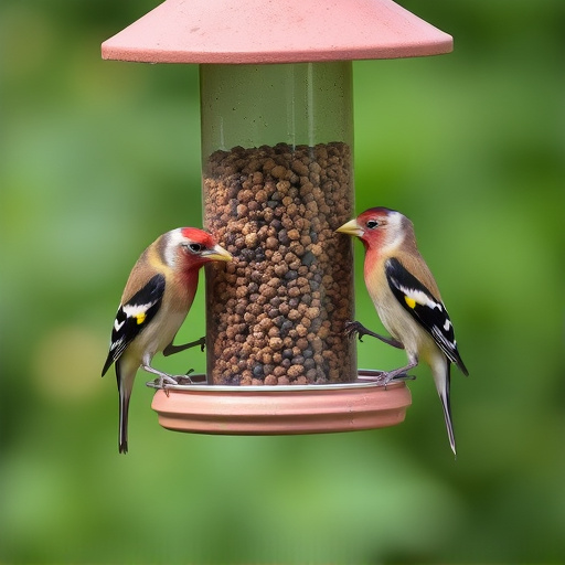 Small finches eating from garden feeder