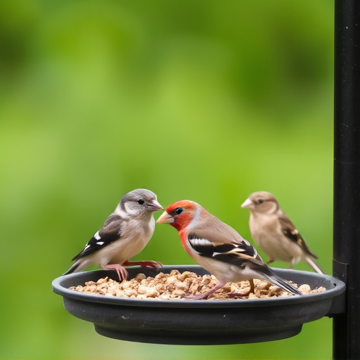 Small finches eating from garden feeder