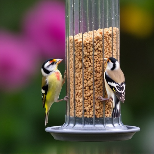 Small finches eating from garden feeder