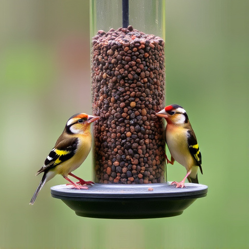 Small finches eating from garden feeder