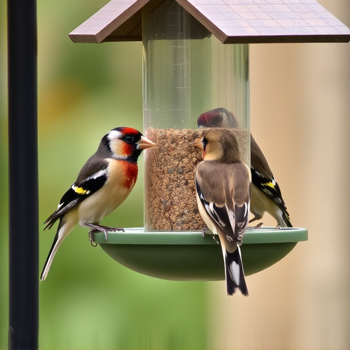 Small finches eating from garden feeder
