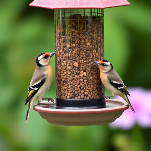 Small finches eating from garden feeder