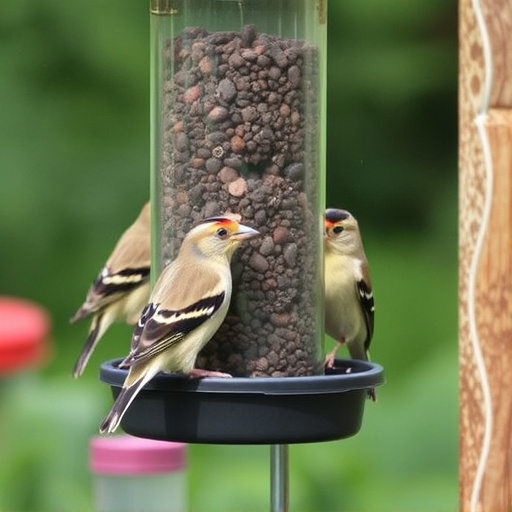 Small finches eating from garden feeder