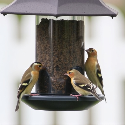 Small finches eating from garden feeder