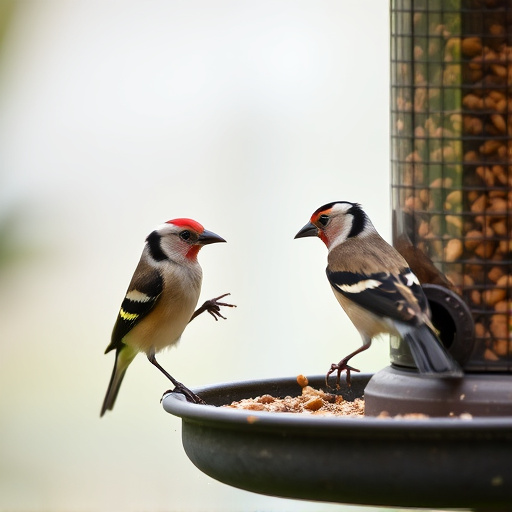 Small finches eating from garden feeder