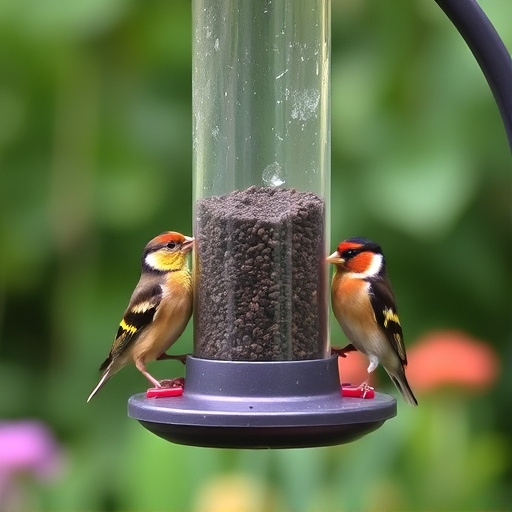 Small finches eating from garden feeder