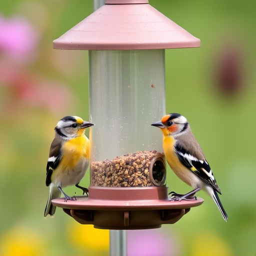 Small finches eating from garden feeder