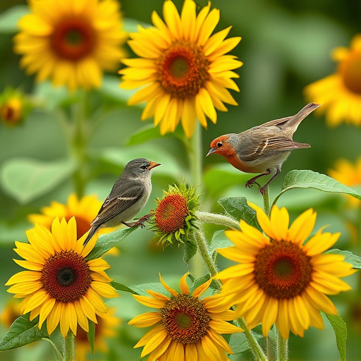 Small garden birds eating sunflower hearts