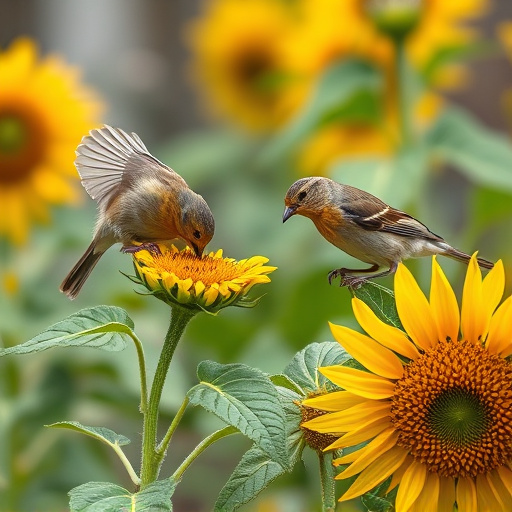 Small garden birds eating sunflower hearts