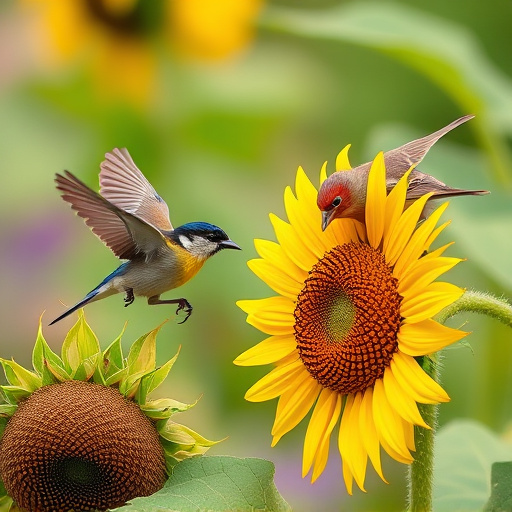 Small garden birds eating sunflower hearts