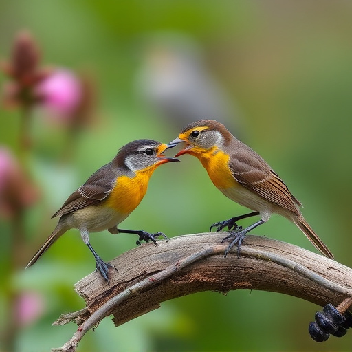 Small garden birds feeding together