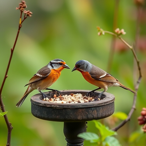 Small garden birds feeding together